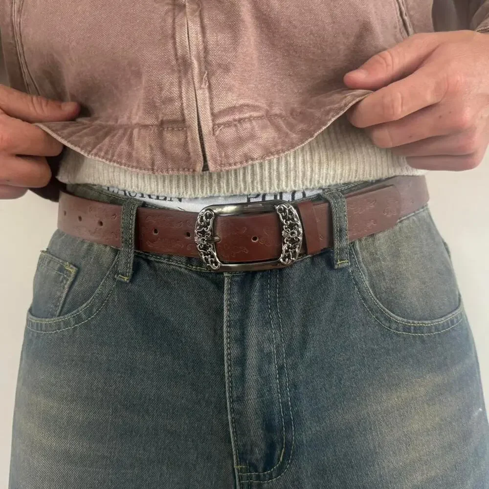 Y2K Style Brown American Western Floral Design Belt
